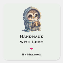 Adesivo Quadrado Feita à mão com coruja de amor segurando café