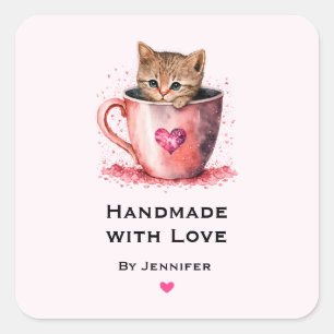 Adesivo Quadrado Feita à mão com Kitten de Amor em Teacup com Coraç