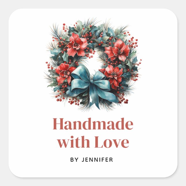 Adesivo Quadrado Feita à mão com Love Pine Wreath com Holly (Frente)