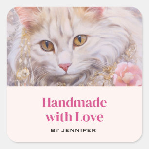 Adesivo Quadrado Feita à mão com o amor e elegante gato branco em j