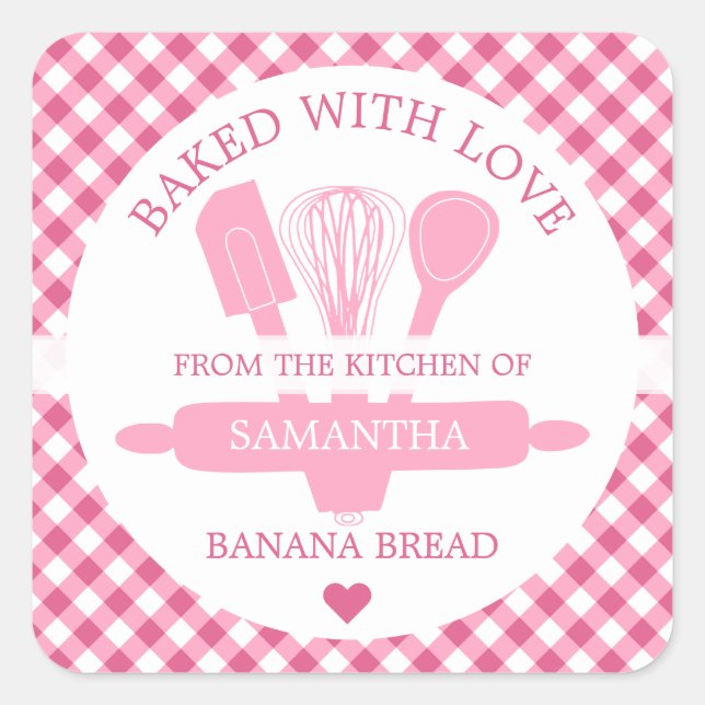 Adesivo Quadrado Feita Com Amor, Gingham Kitchen Pão De Banana (Frente)