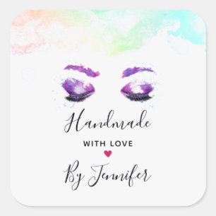 Adesivo Quadrado Feita com Amor Olhos Roxos Glamorosos