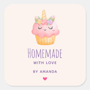 Adesivo Quadrado Feita com Cupcake rosa com amor Unicórnio com Rosa