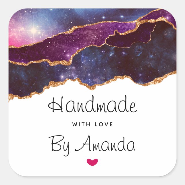 Adesivo Quadrado Feita com o amor - espaço azul e roxo e estrelas a (Frente)