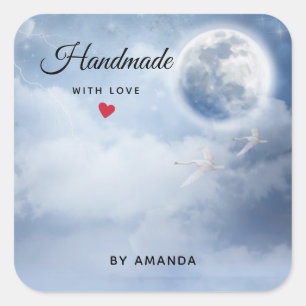 Adesivo Quadrado Feitas à mão com amor belo céu azul com cisnes