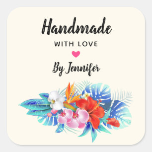 Adesivo Quadrado Feitas à mão com amor - Flores Tropicais Exóticas