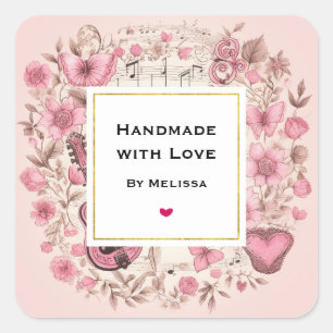 Adesivo Quadrado Feitas à mão com notas e flores de música com amor