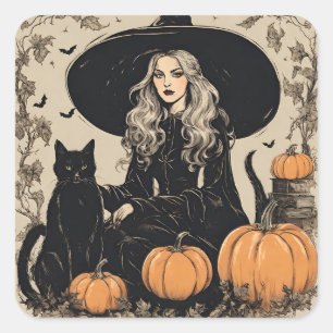 Adesivo Quadrado Feiticeira de Halloween de Bonita Vintage com Gato