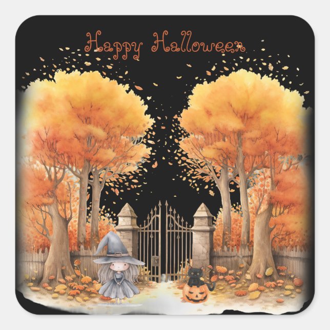 Adesivo Quadrado Feiticeira e Gato fora do Portão Halloween (Frente)