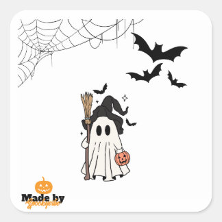 Adesivo Quadrado Feiticeira Fantasma do Halloween com vassoura e ab