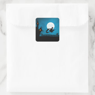 Adesivo Quadrado Feiticeira Voadora Spooky: Halloween Negro e Azul 