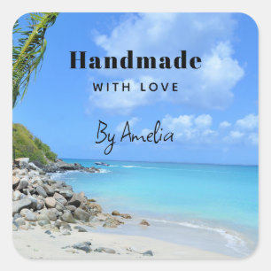 Adesivo Quadrado Feito à Mão com Amor Cenário Turquesa Praia Tropic