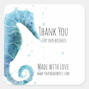 Adesivo Quadrado Feito com Amor  Cavalo Do Mar De Watercolor Obriga