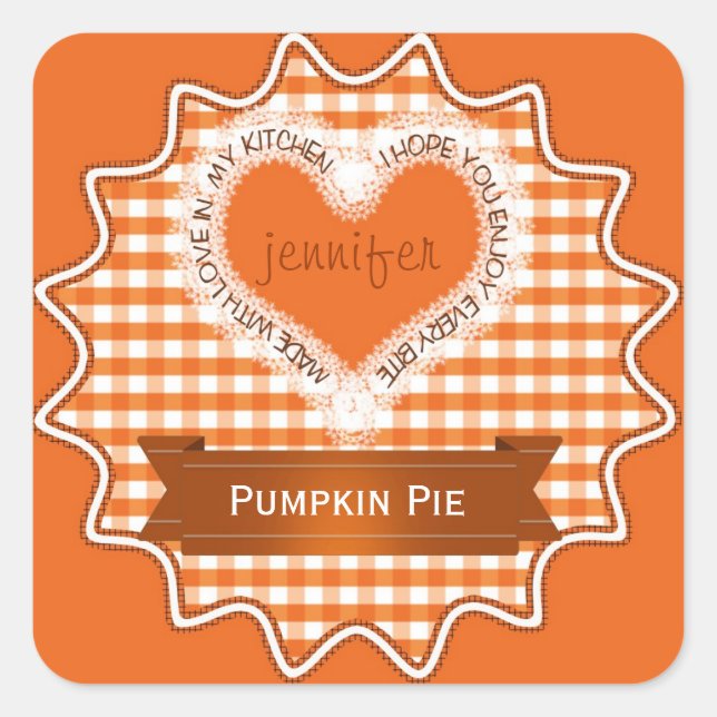 Adesivo Quadrado Feito Com Amor, Gingham Orange (Frente)