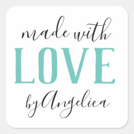 Adesivo Quadrado Feito com o Love Script Turquoise Business