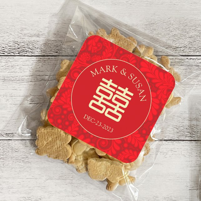 Adesivo Quadrado Felicidade dupla personalizada do casamento chinês (Criador carregado)