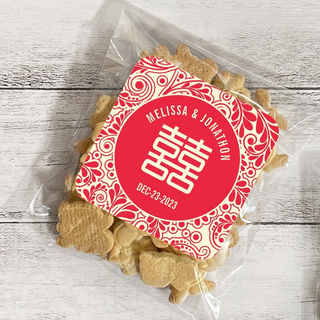 Adesivo Quadrado Felicidade dupla personalizada do casamento chinês (Criador carregado)