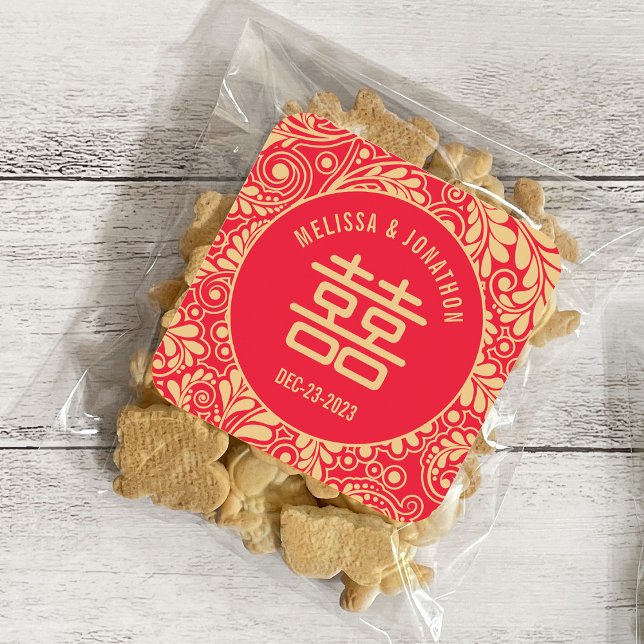Adesivo Quadrado Felicidade dupla personalizada do casamento chinês (Criador carregado)