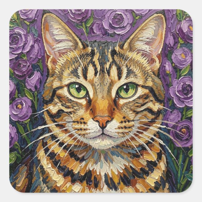 Adesivo Quadrado Feline and Floral | Cute Artistic Gray Tabby Cat (Frente)