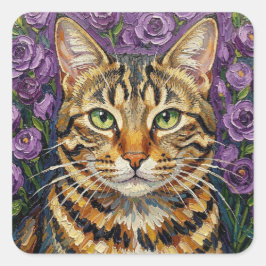 Adesivo Quadrado Felino e Floral | Gato Tabby Cinza Artístico Fofo