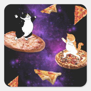 Adesivo Quadrado Felinos engraçados carregando pizza no espaço