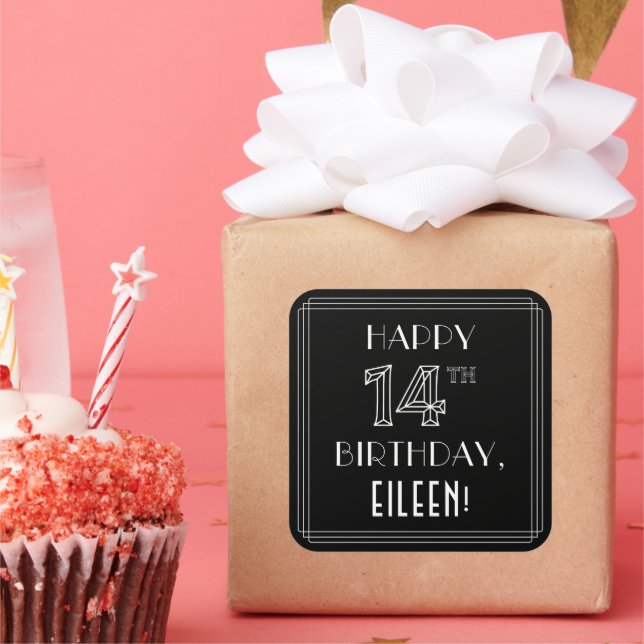 Adesivo Quadrado FELIZ 14 NIRTHDAY; Art Deco Style; Custom Name (Festa)
