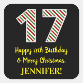 Adesivo Quadrado Feliz 17º aniversário e feliz Natal, Nome personal