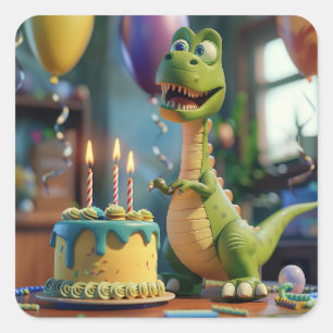 Adesivo Quadrado Feliz 3º Aniversário, Dino Engraçado, Redondo ou 