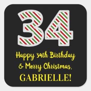 Adesivo Quadrado Feliz 34º aniversário e feliz Natal, Nome person