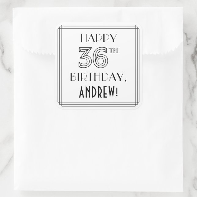 Adesivo Quadrado FELIZ 36º ANIVERSÁRIO, Estilo de Deco de Arte, Nom (Bolsa)