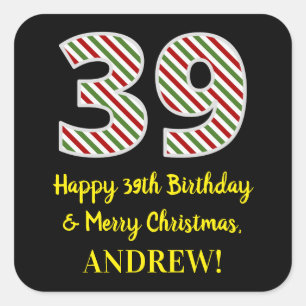 Adesivo Quadrado Feliz 39º Aniversário e Feliz Natal, Nome Person