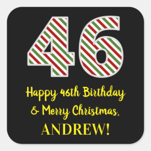 Adesivo Quadrado Feliz 46º aniversário e Feliz Natal, Nome Person