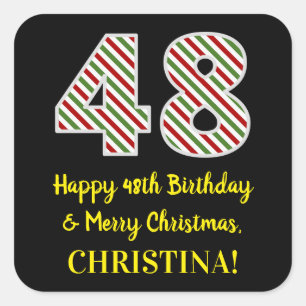 Adesivo Quadrado Feliz 48º aniversário e Feliz Natal, Nome Person