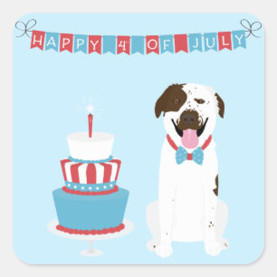 Adesivo Quadrado Feliz 4 de julho Cachorro Vermelho Azul