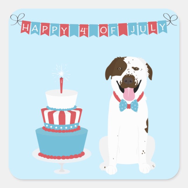 Adesivo Quadrado Feliz 4 de julho Cachorro Vermelho Azul (Frente)