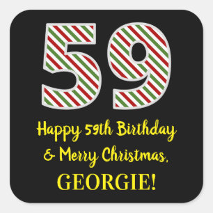 Adesivo Quadrado Feliz 59º aniversário e Feliz Natal, Nome Person