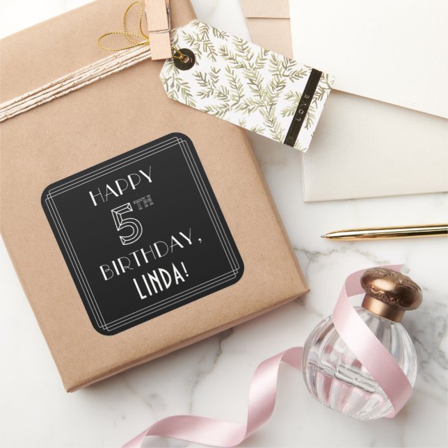 Adesivo Quadrado FELIZ 5 NIRTHDAY; Art Deco Style; Custom Name (Presentear)