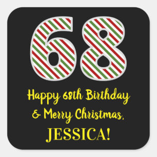 Adesivo Quadrado Feliz 68º aniversário e Feliz Natal, Nome Personal