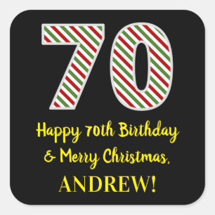 Adesivo Quadrado Feliz 70 de aniversário e Feliz Natal, Nome Perso