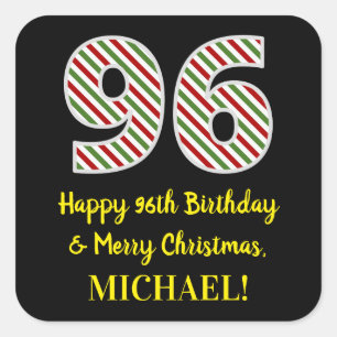 Adesivo Quadrado Feliz 96º aniversário e Feliz Natal, Nome Person
