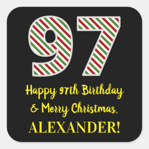 Adesivo Quadrado Feliz 97º aniversário e Feliz Natal, Nome Person
