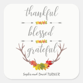 Adesivo Quadrado Feliz Abençoado Grateful Fall Antler Ação de Graça