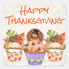 Adesivo Quadrado Feliz Ação de Graças aos Cupcakes Feriados