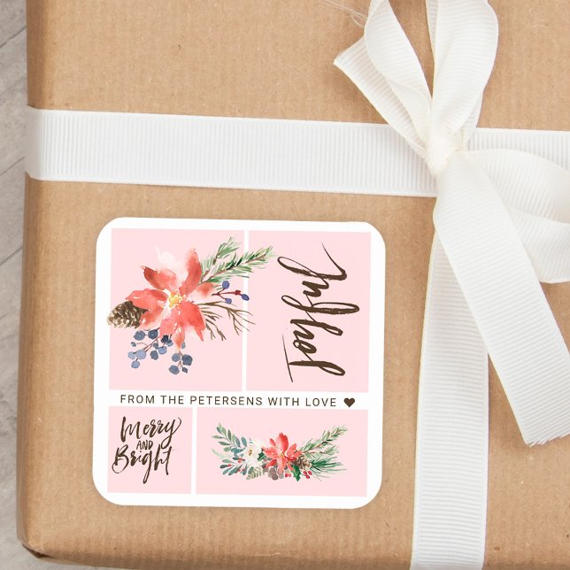 Adesivo Quadrado Feliz alegre e aquarela Brilhante Natal Floral (Criador carregado)