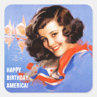 Adesivo Quadrado Feliz aniversário, América. Pin-up retrô de 4 de j