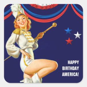 Adesivo Quadrado Feliz aniversário, América. Pin-up Retroativo
