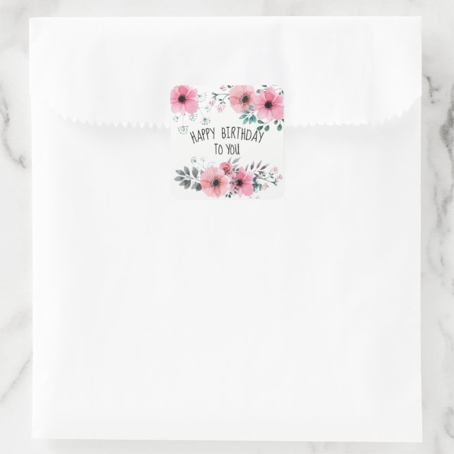 Adesivo Quadrado Feliz Aniversário Aquarela Bonito Rosa Floral (Bolsa)