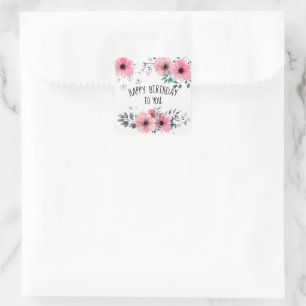 Adesivo Quadrado Feliz Aniversário Aquarela Bonito Rosa Floral