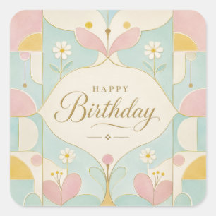 Adesivo Quadrado Feliz Aniversário Art Déco Floral Geométrico Paste
