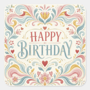 Adesivo Quadrado Feliz Aniversário Arte Folclórica Escandinava Rede